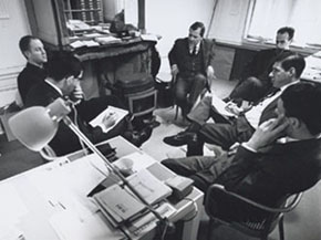 Total Design’s board of management in 1963; from left to right: Friso Kramer, Dick Schwarz, Benno Wissing, Ben Bos, Paul Schwarz and Wim Crouwel (photography: Jan Versnel)